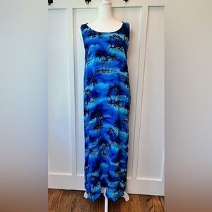 Desert Shore Tropical Black Blue Maxi Dress Sze Medium Hawaiian Lightweight Long